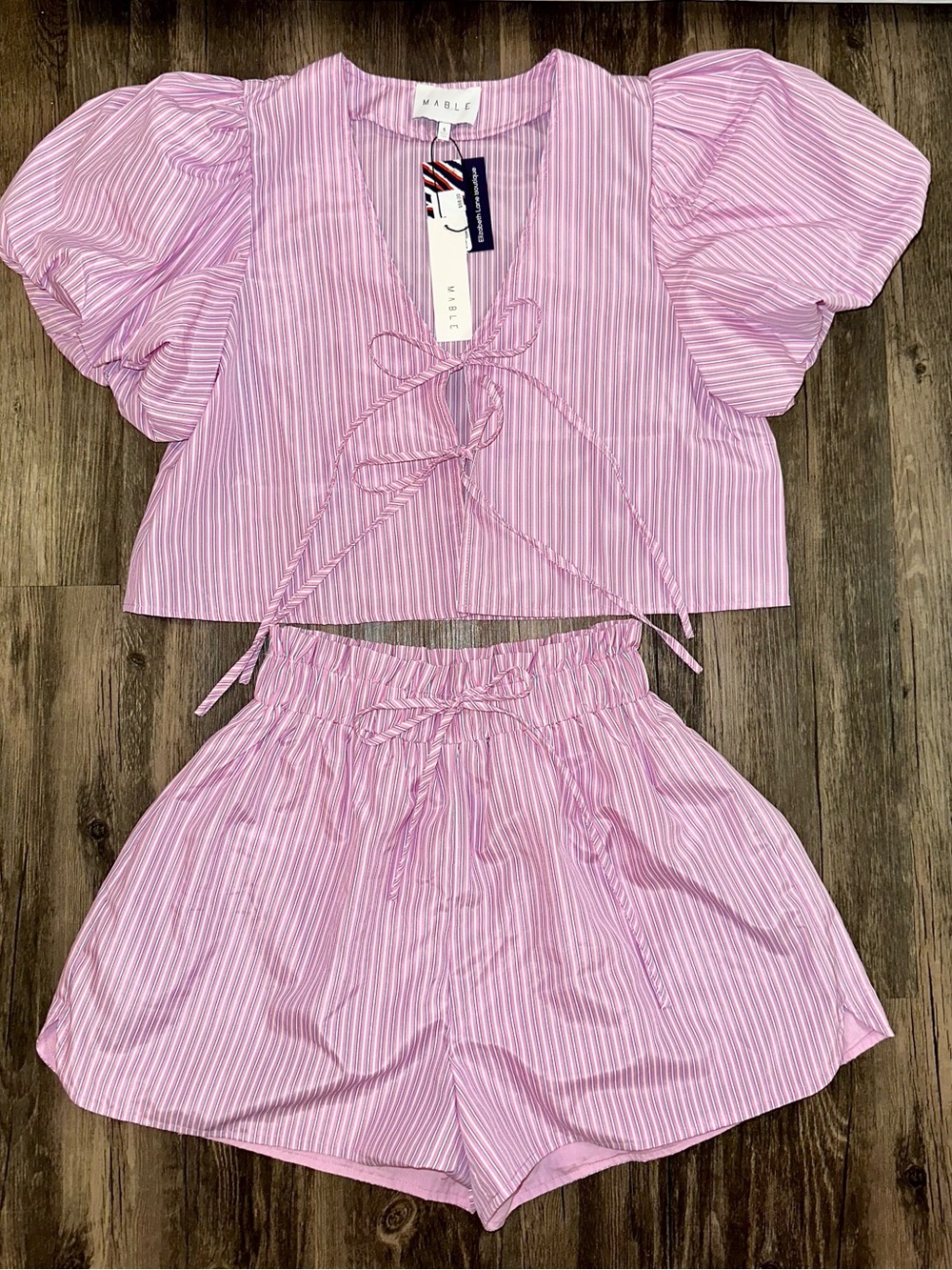 NWT MARBLE Pink Striped Puff-Sleeve Two-Piece Set